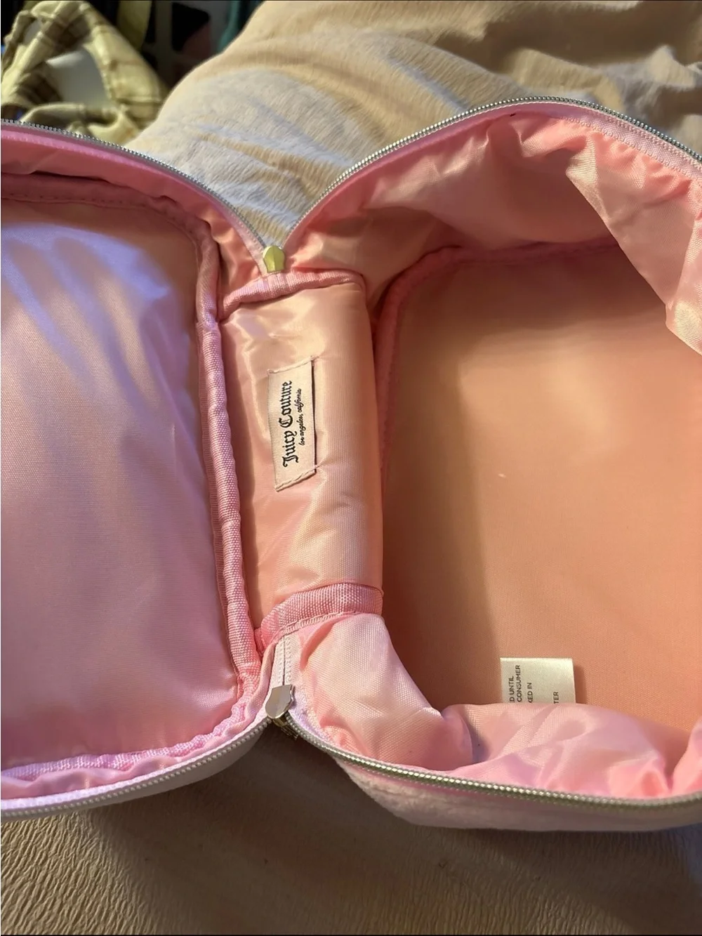 Juicy Couture Light Pink Velvet Cosmetic Bag with Embroidered Crest and Ribbon